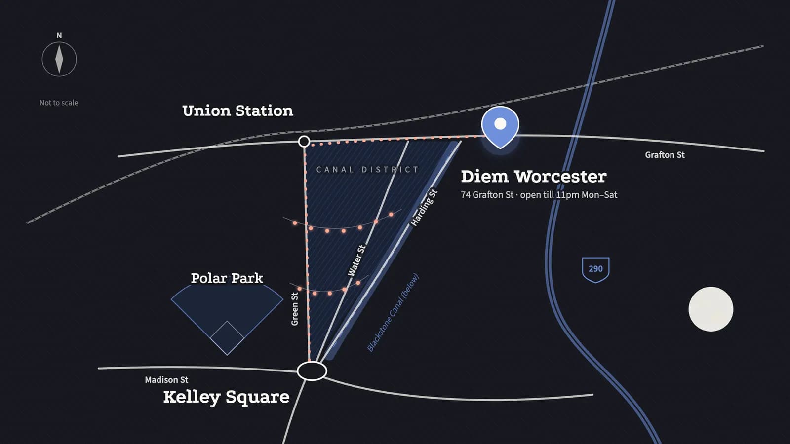 Night map of Worcester's Canal District with Green, Water and Harding streets, Kelley Square, Polar Park and Diem Worcester on Grafton St