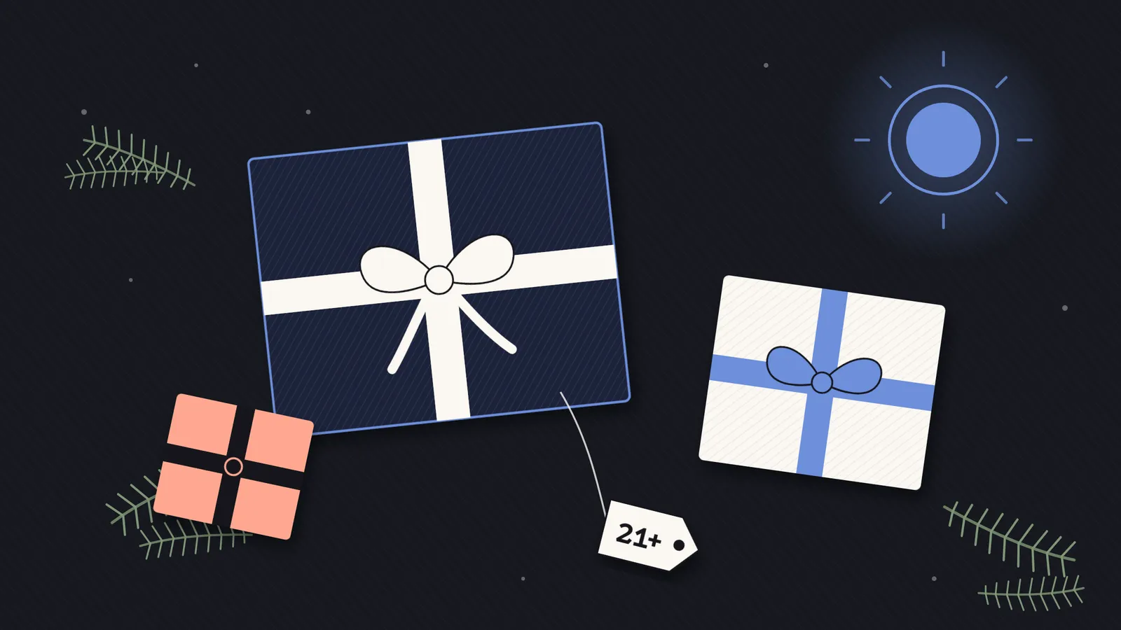 Illustration of wrapped holiday gift boxes with a 21+ gift tag and pine sprigs