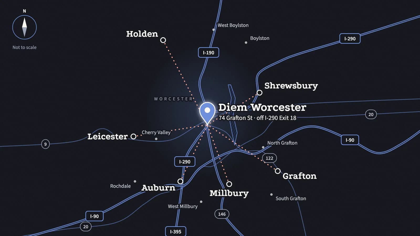 Schematic map of the towns around Worcester, including Shrewsbury, Auburn, Millbury, Grafton, Holden, and Leicester, with routes leading to the Diem Worcester pin on Grafton St