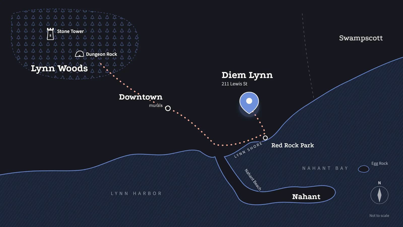 Map of Lynn from Lynn Woods and Stone Tower through downtown to Red Rock Park, Nahant and Diem Lynn