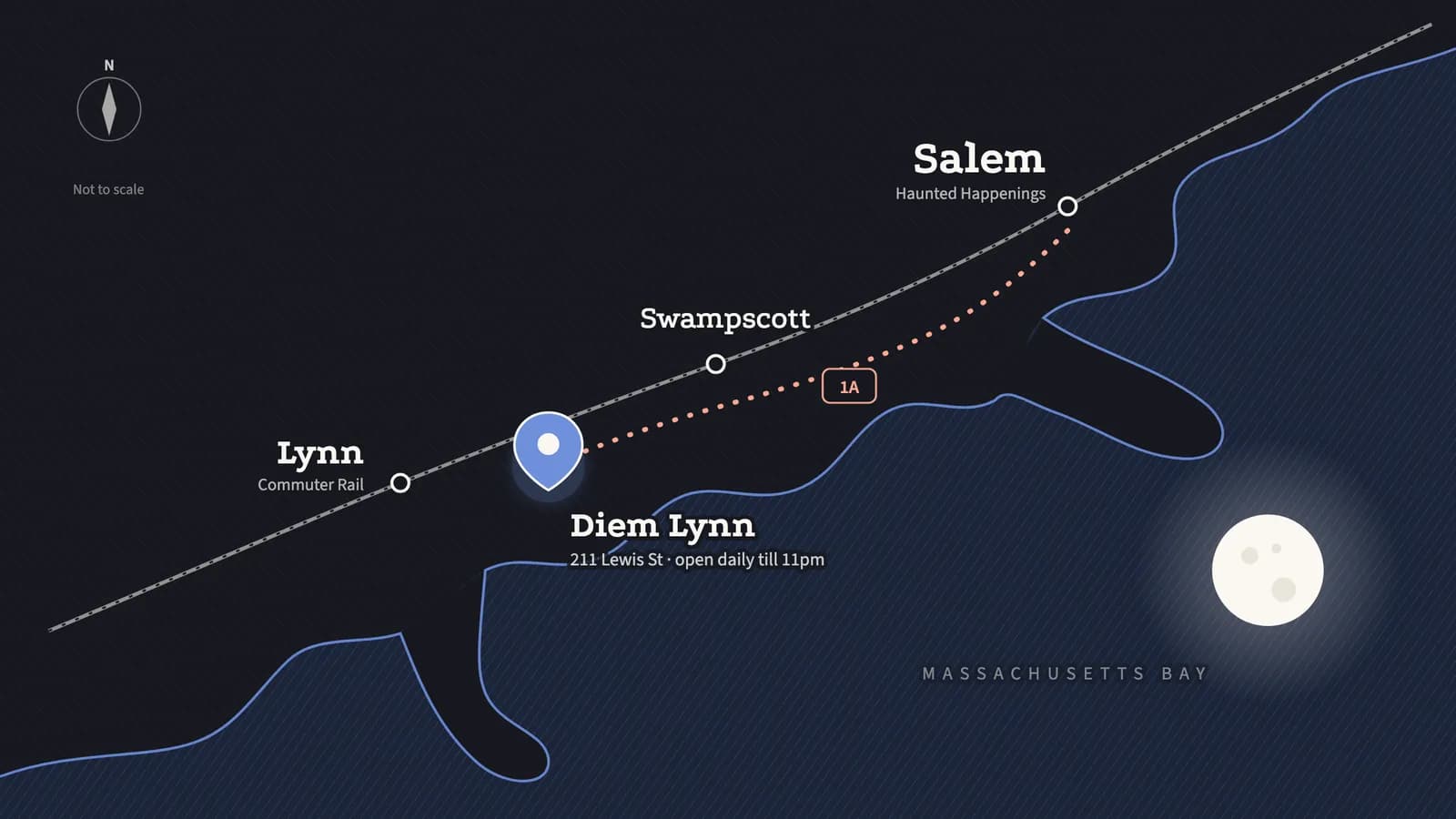 Night map of the North Shore showing the Commuter Rail and Route 1A from Salem through Swampscott to Diem Lynn at 211 Lewis St