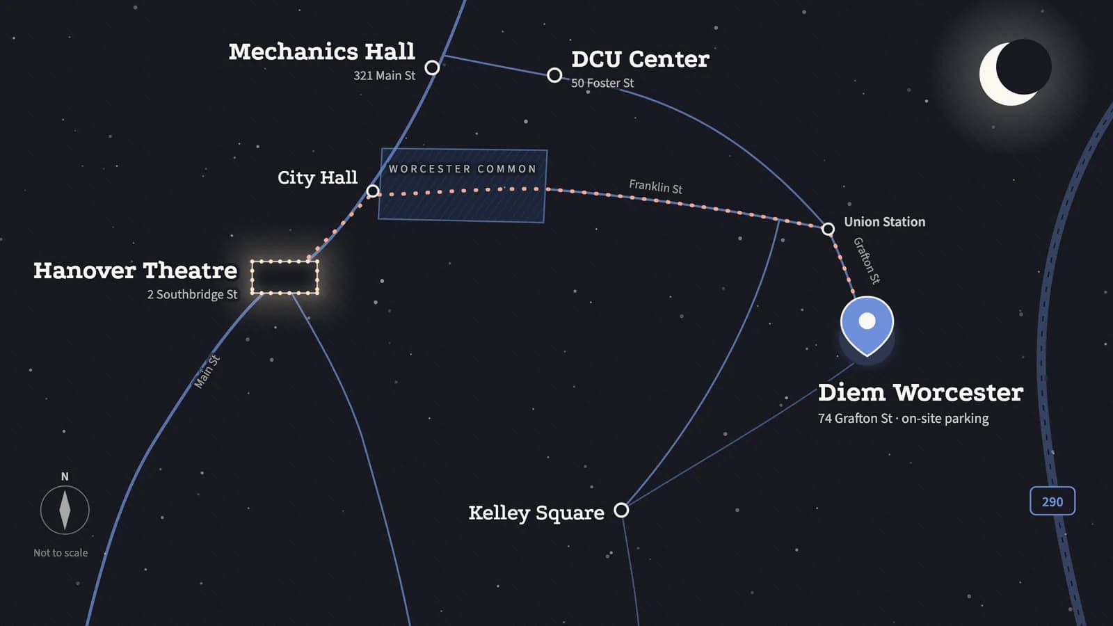 Night map of downtown Worcester with the Hanover Theatre, Mechanics Hall, the DCU Center, Worcester Common and Diem Worcester