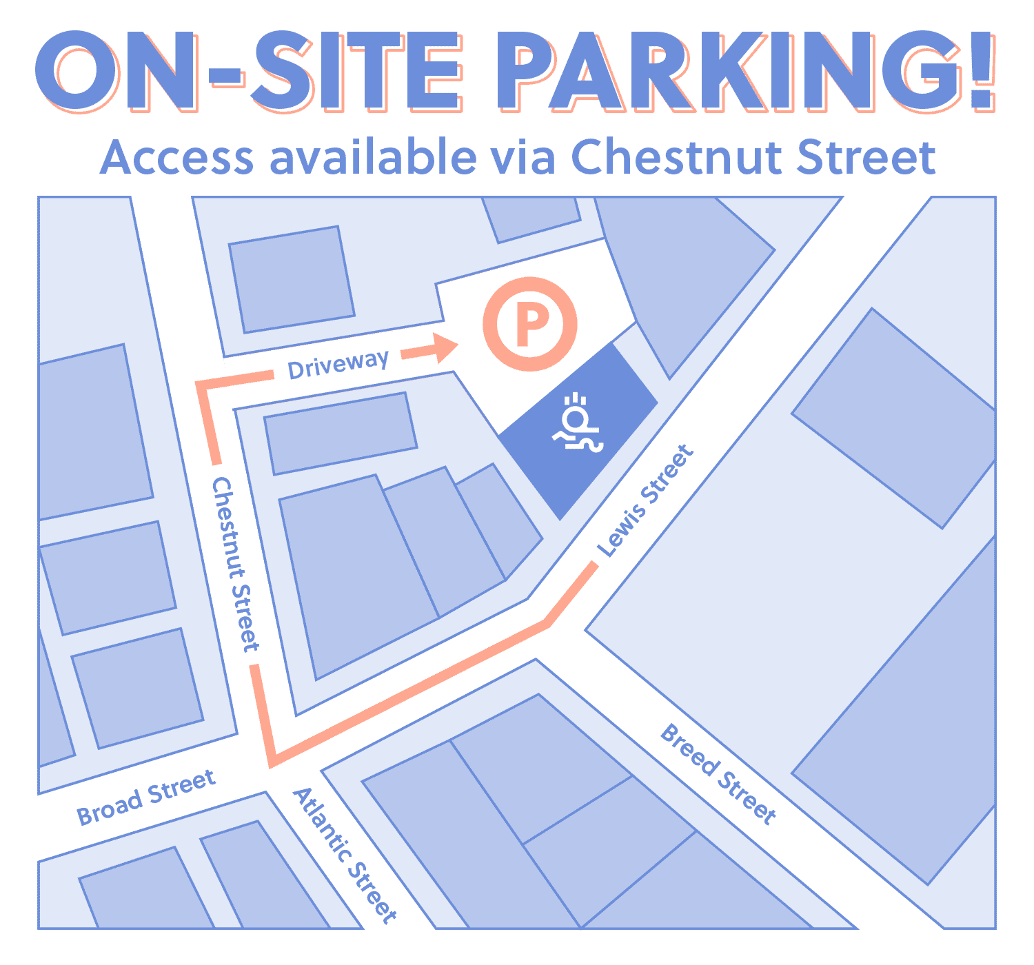 Diem Lynn parking map showing on-site lot accessible via Chestnut Street