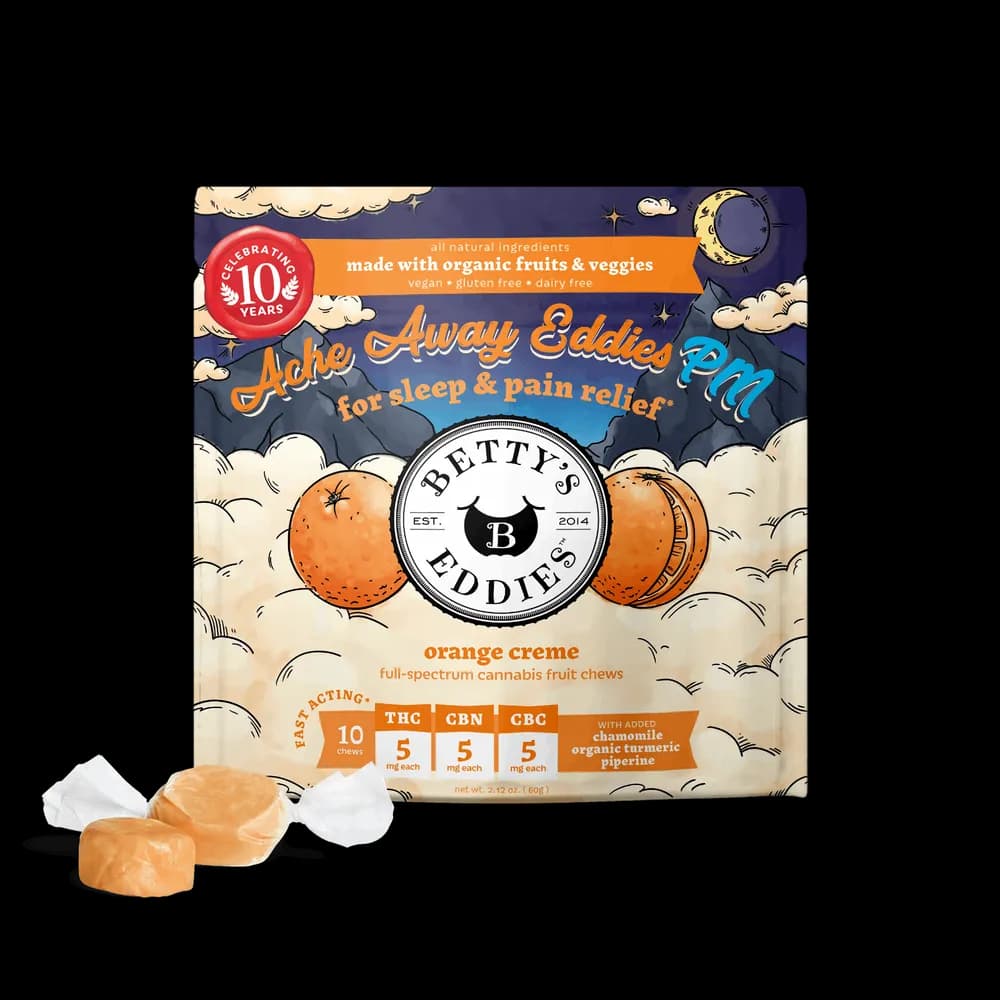 1:1:1 THC:CBN:CBC Ache Away Eddies PM Orange Creme Fruit Chews by Betty's Eddies, edible