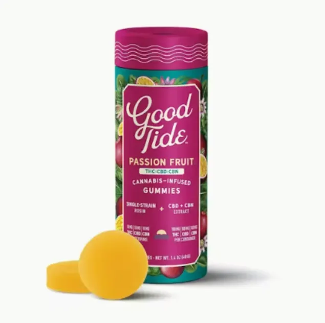 1:1:1 THC:CBD:CBN Sleep Passion Fruit Rosin Gummies by Good Tide, edible