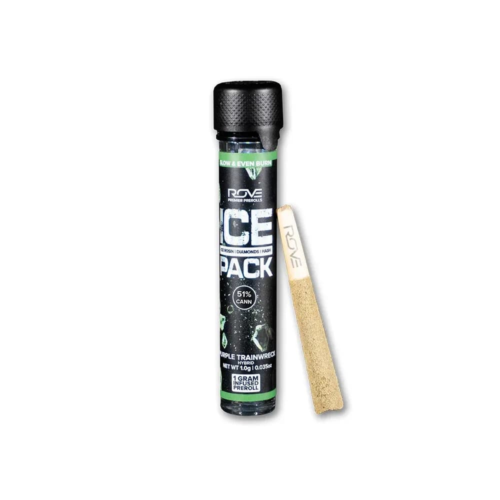 Purple Trainwreck Ice Rosin + Diamonds + Hash Infused Pre-roll by Rove, pre-roll