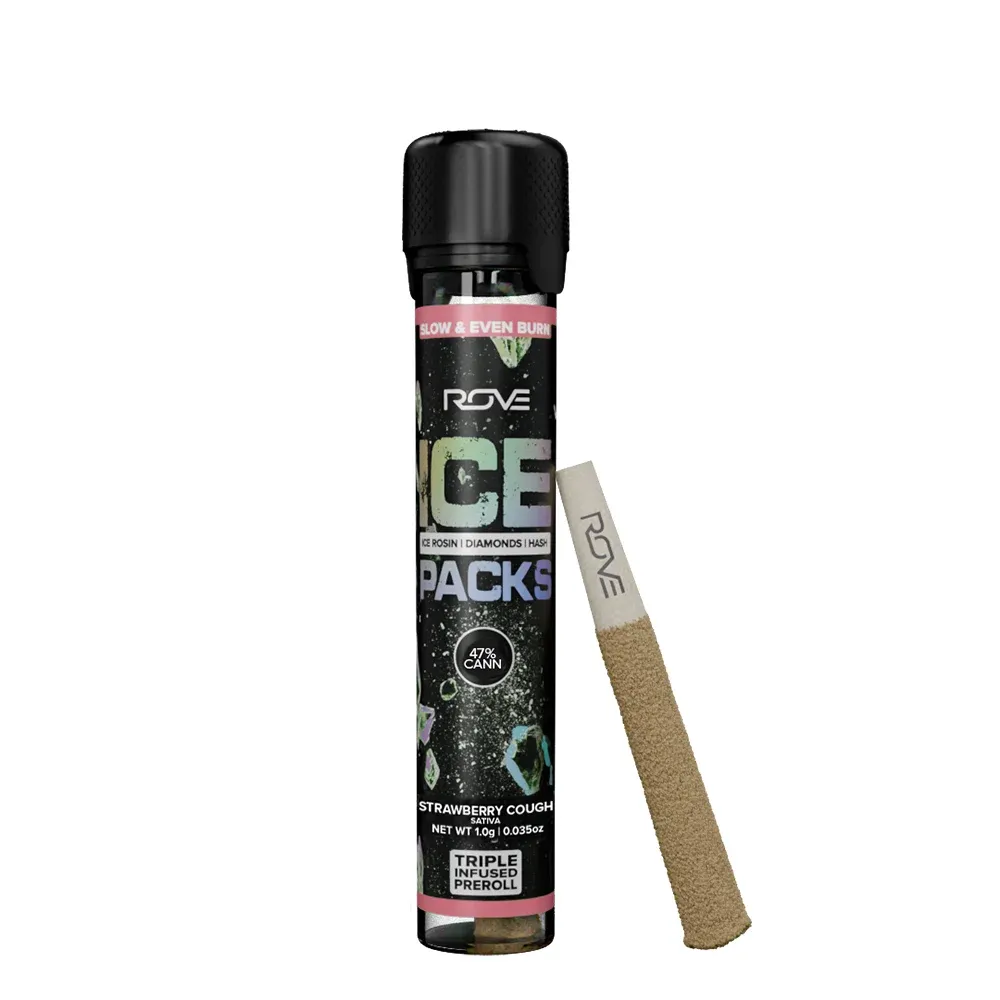 Strawberry Cough Ice Rosin + Diamonds + Hash Infused Pre-roll by Rove, pre-roll