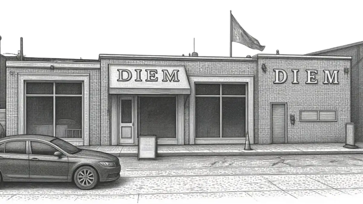 Hand-drawn illustration of the Diem Worcester storefront on Grafton St